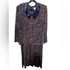 Vintage Kathie Lee 22W Dress Jacket Set Paisley Velvet Red Navy Geeen Tan Women